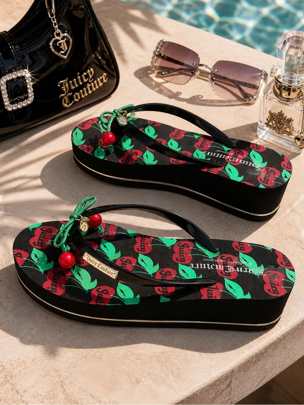 Juicy Couture Cherry Print Platform Flip Flops Size 6 Y2K Glam Wedge Sandals